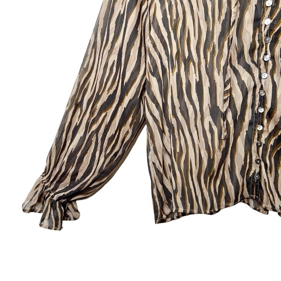 Vici Tan Zebra Tie Neck Balloon Sleeve Button Front Women’s Blouse Sz S - Picture 4 of 12